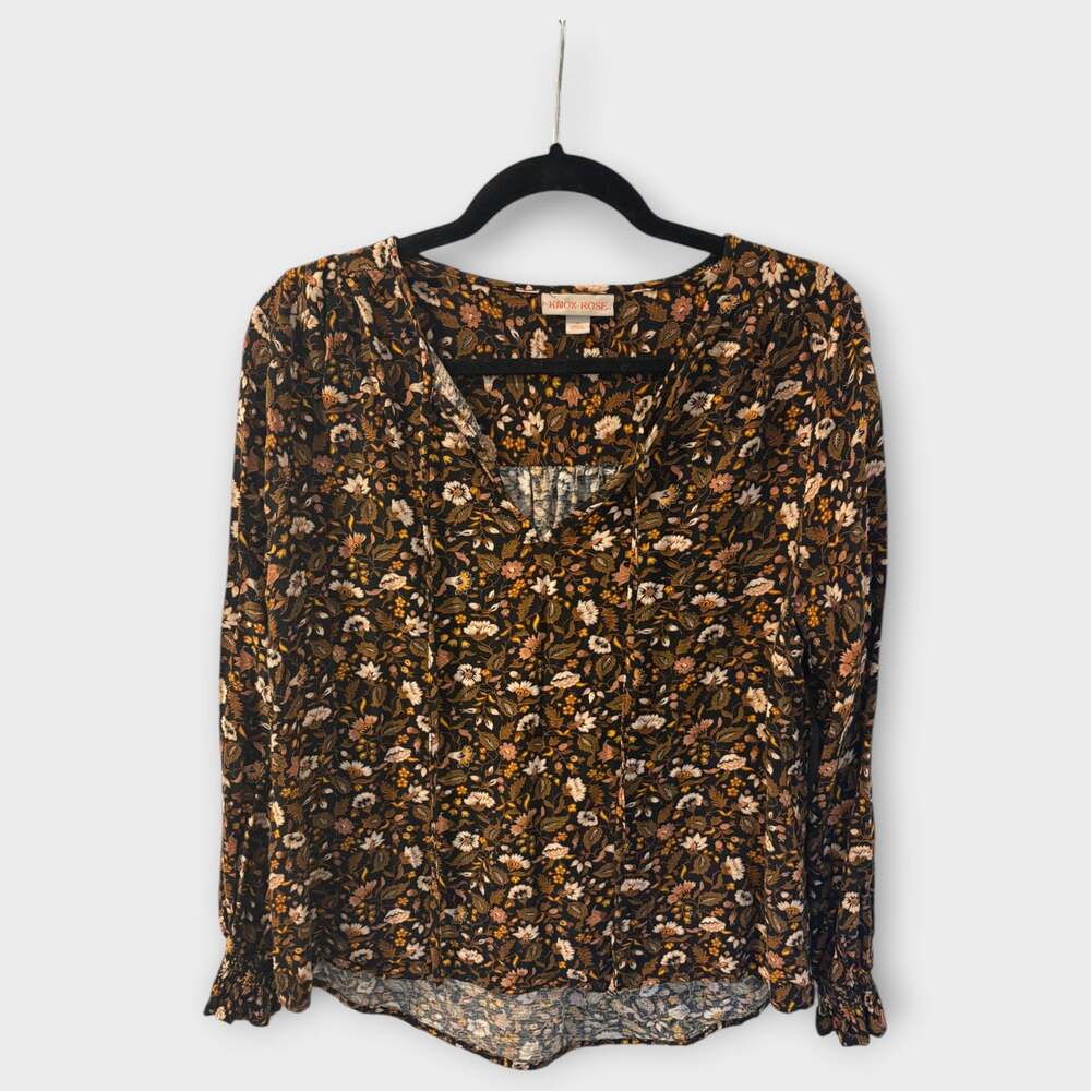 Knox Rose Floral Boho Peasant Blouse Black Brown Long Sleeve Size S